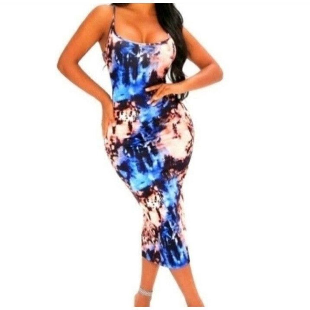 Ladies Blue And Pink Tie Dye Cami Bodycon Dress sz Small